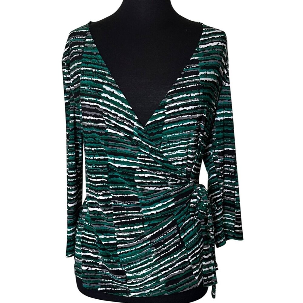 Black Label by Evan-Picone Low V-neck Wrap Blouse Green Geometric Women's Size S